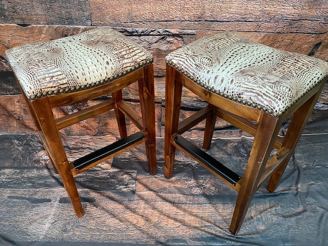 Set of 2 White Croc Embossed Leather Counter Height Barstool - Furniture on Main