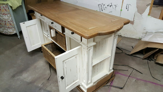 Double Baskets White Distressed - Driftwood Top Kitchen Island - Furniture on Main