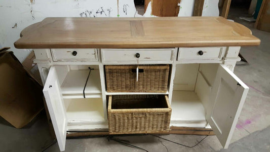 Double Baskets White Distressed - Driftwood Top Kitchen Island - Furniture on Main