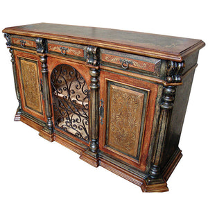 Olde World Hand Painted Rustic Iron Sideboard Buffet with Wrought Iron Scroll Doors - Furniture on Main