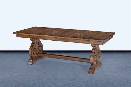 French Scroll Base 84" Dining Table Butterfly Leaf Rustic Pecan - Furniture on Main