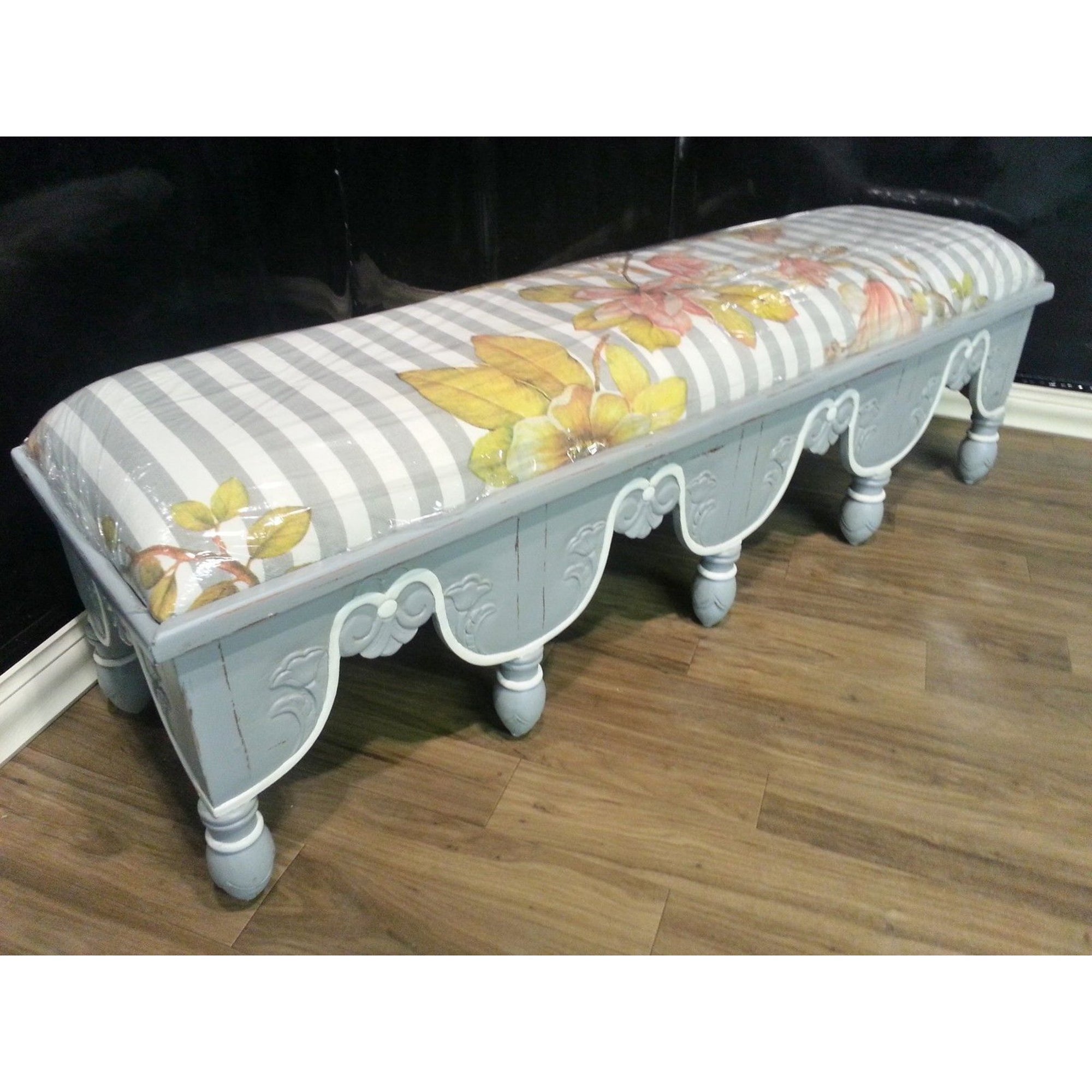 Steven Shell Upholstered Venetian Bench Grey Mist Distressed - Furniture on Main