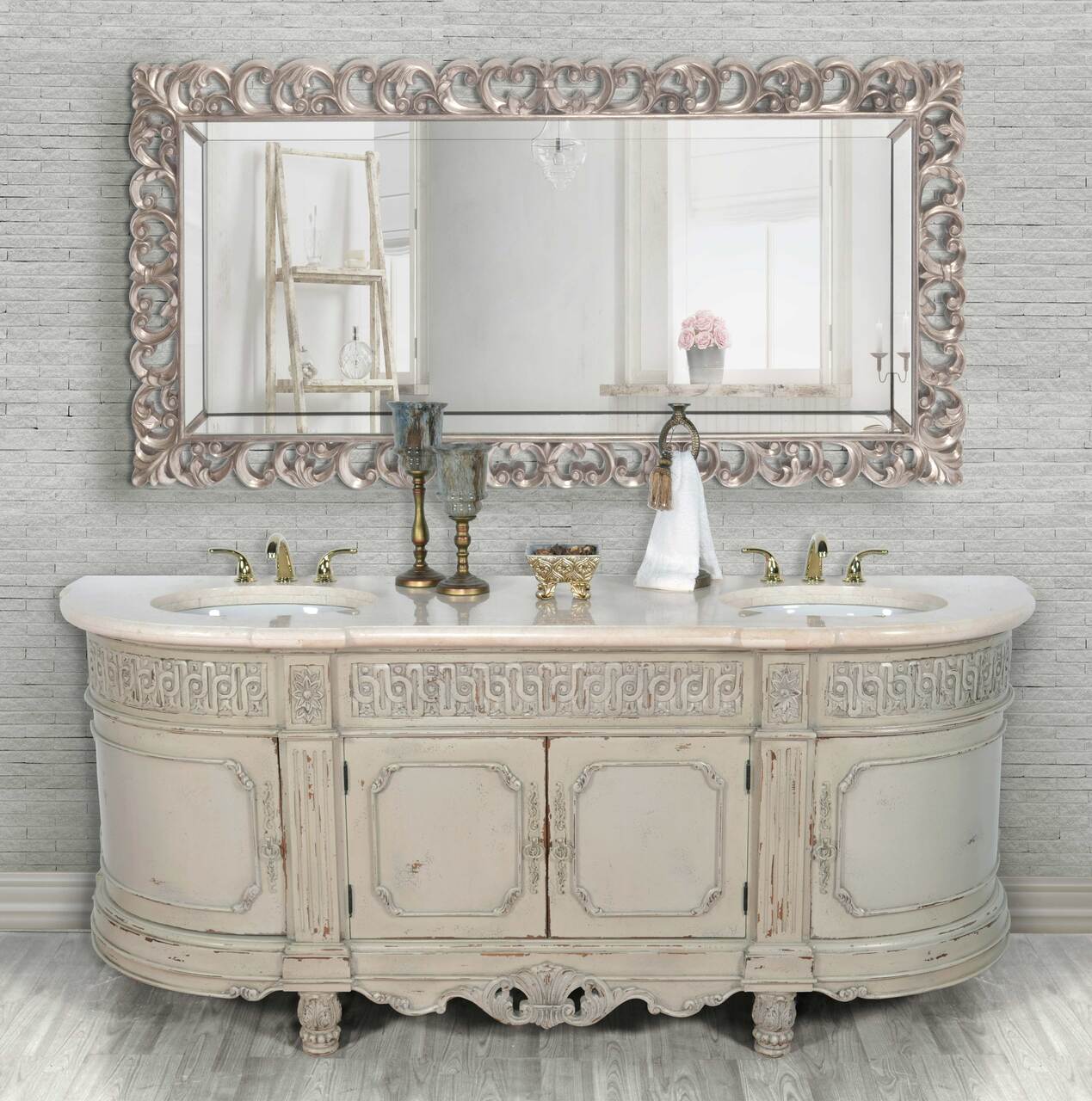 Parchment Double Carved Vanity Marble Top - Furniture on Main
